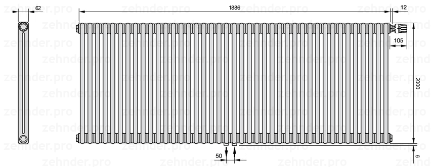 Схема (чертеж) Радиатор Zehnder Charleston 2200/41 №V008 Белый глянцевый RAL 9016